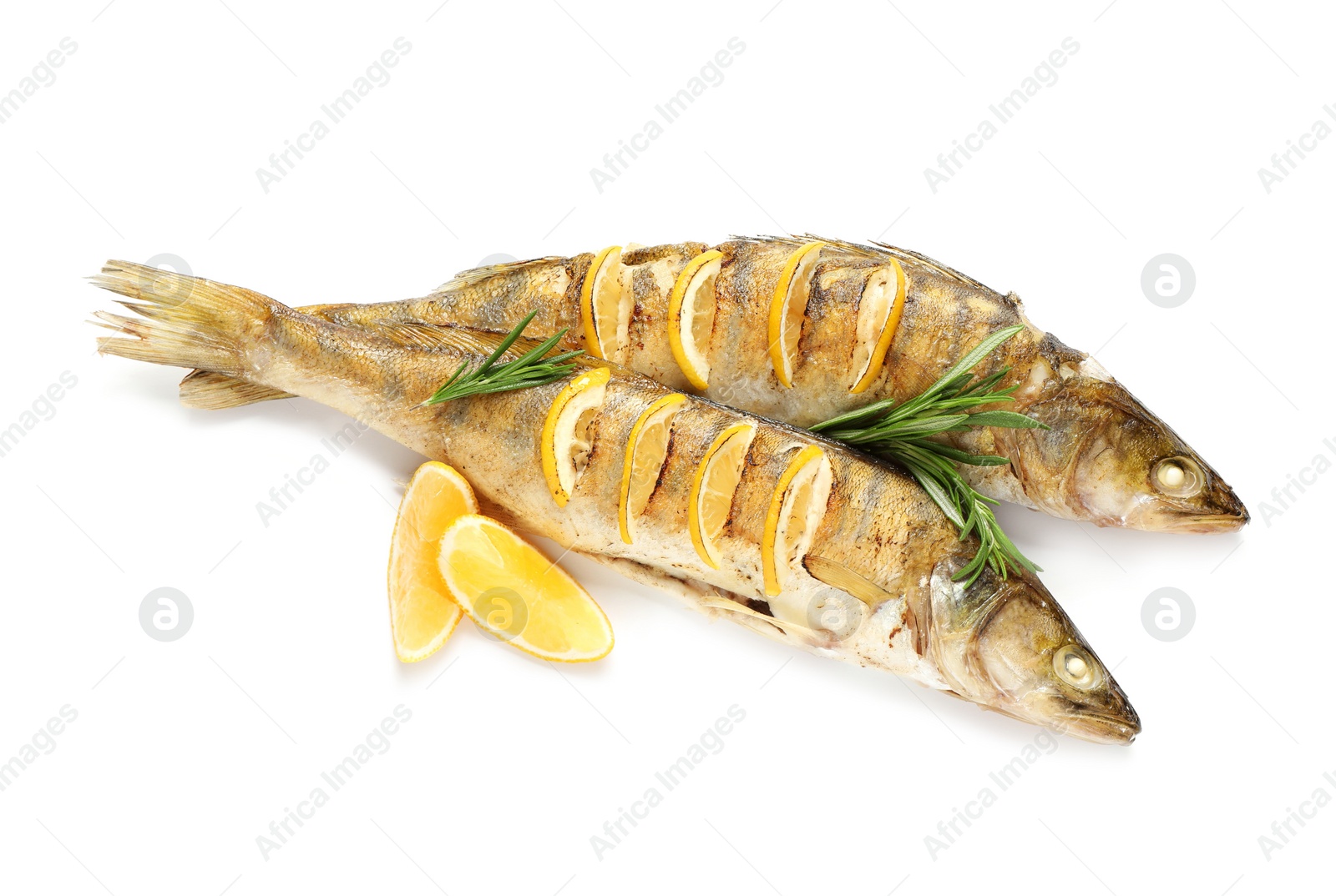 Photo of Tasty homemade roasted pike perches with rosemary and lemon on white background, top view. River fish