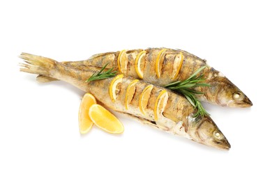 Photo of Tasty homemade roasted pike perches with rosemary and lemon on white background, top view. River fish