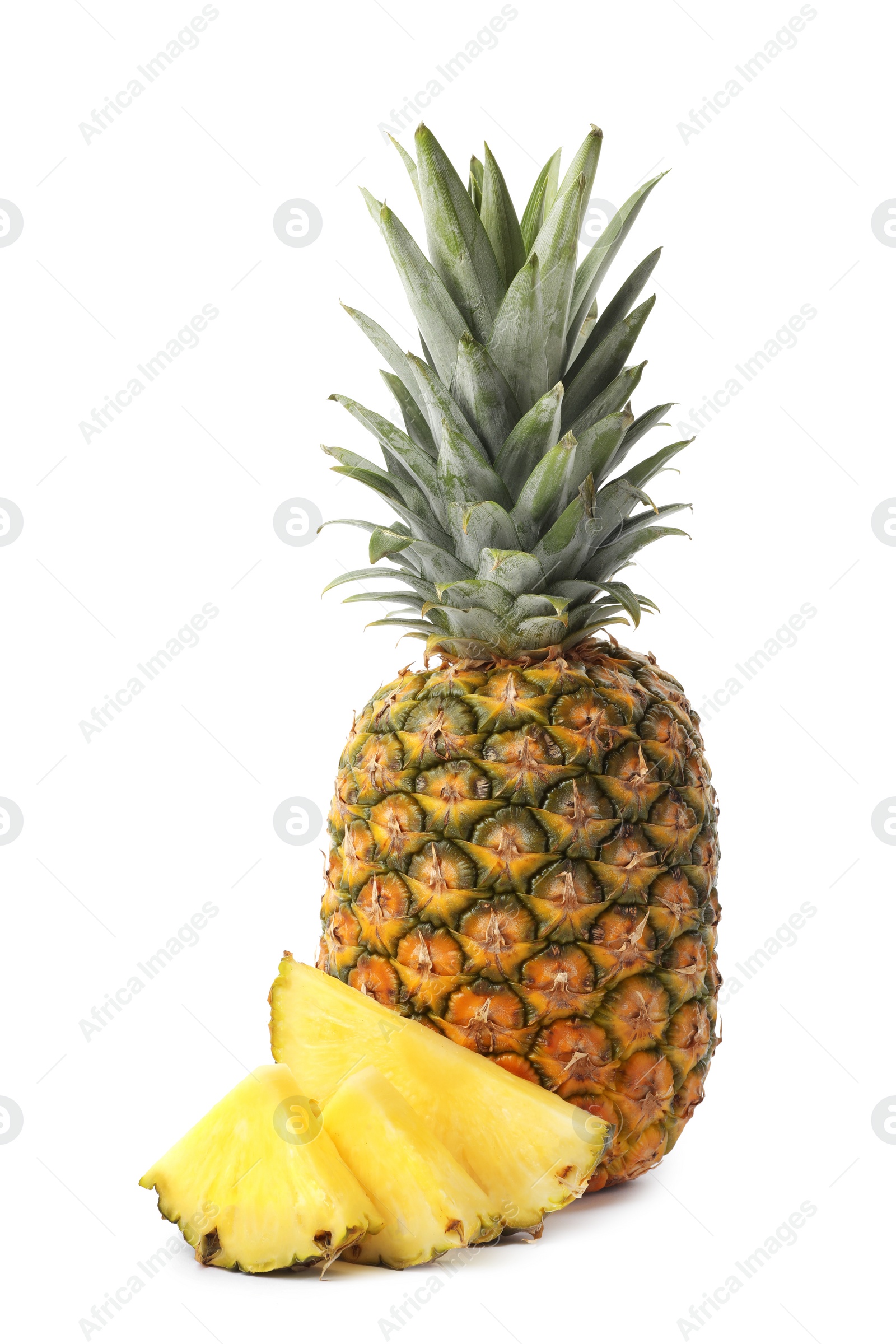 Photo of Tasty raw pineapple with slices on white background