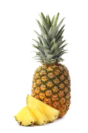 Tasty raw pineapple with slices on white background