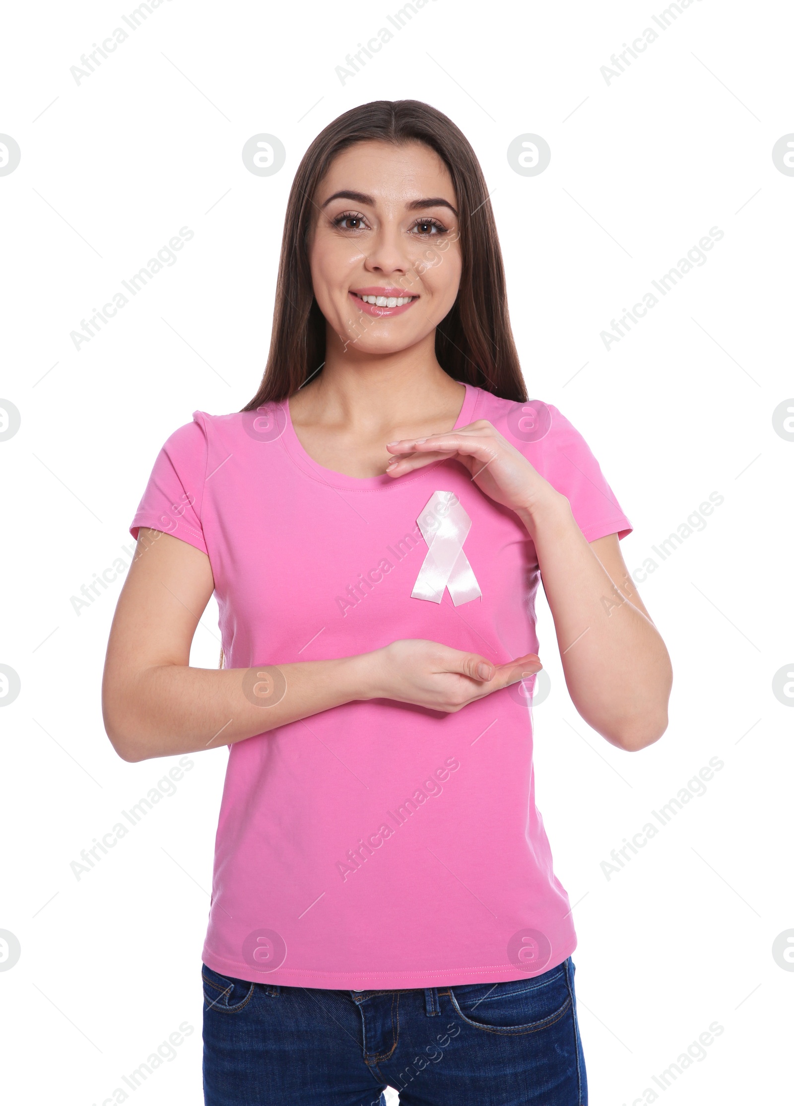 Photo of Woman with silk ribbon on white background. Breast cancer awareness concept