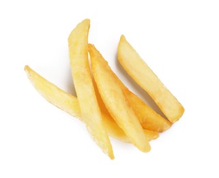 Delicious fresh french fries on white background, top view