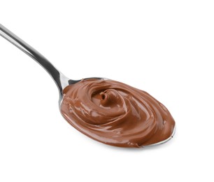 Photo of Spoon with delicious chocolate paste isolated on white