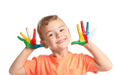 Photo of Little child with painted hands on white background