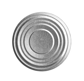 Closed tin can isolated on white, top view