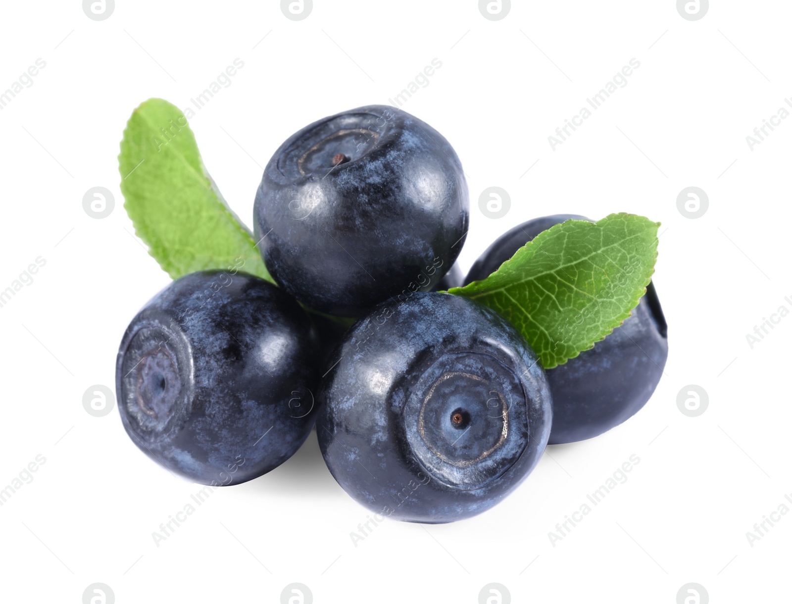 Photo of Delicious ripe bilberries and green leaves isolated on white