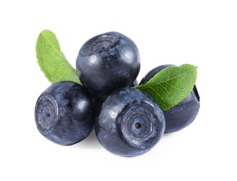 Photo of Delicious ripe bilberries and green leaves isolated on white