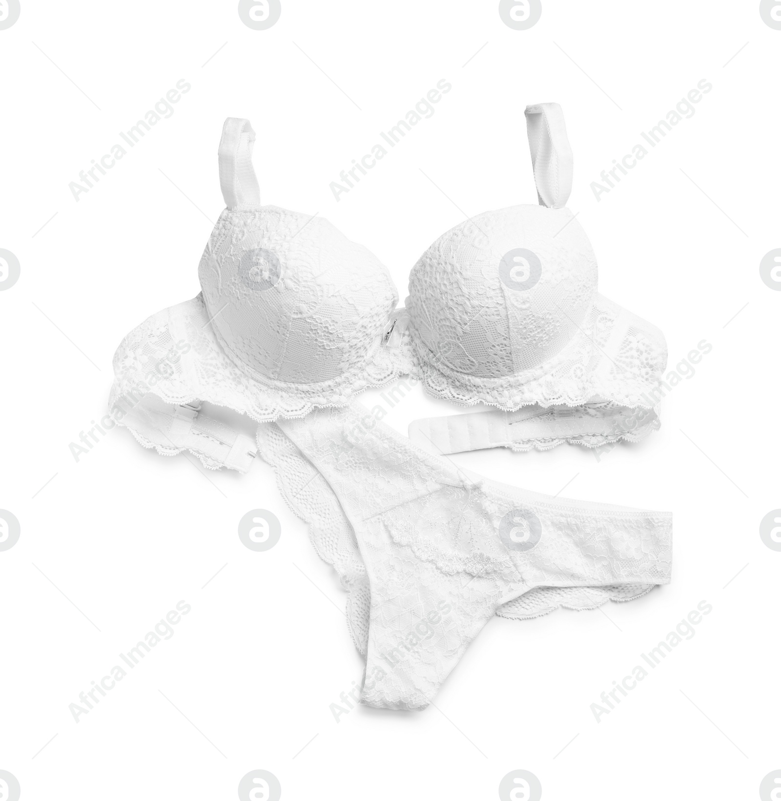 Photo of Elegant women's underwear isolated on white, top view