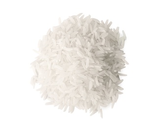 Photo of Uncooked long grain rice on white background, top view