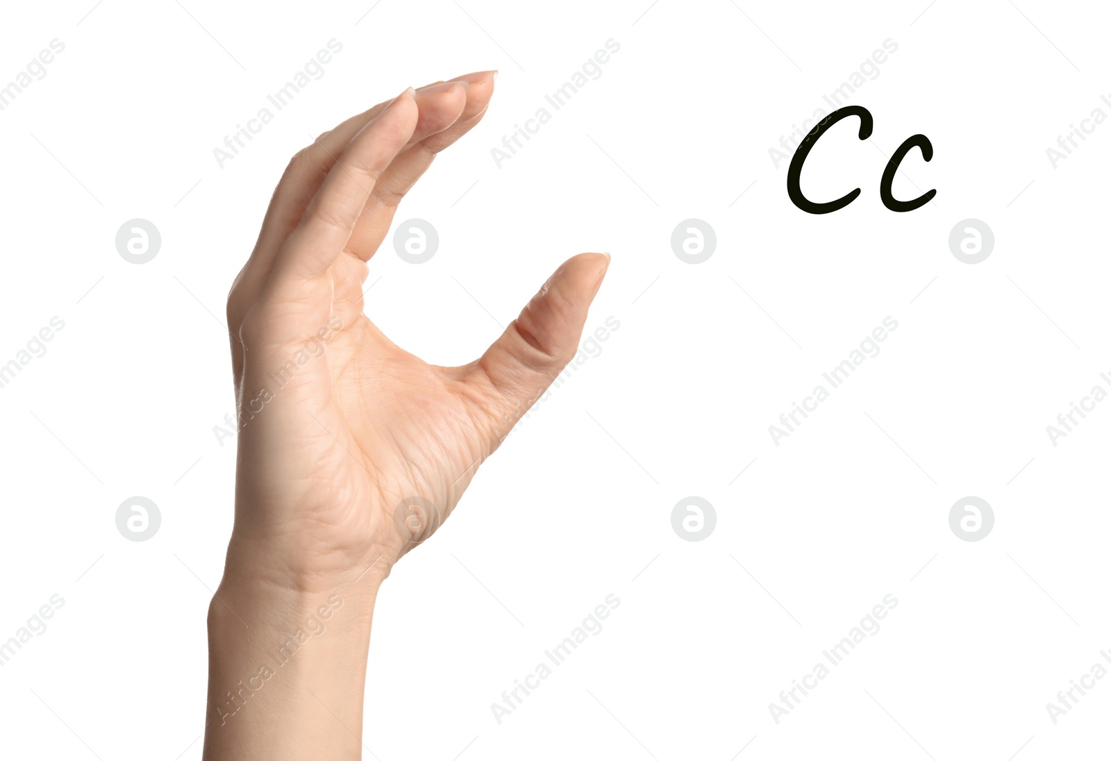 Image of Woman showing letter C on white background, closeup. Sign language