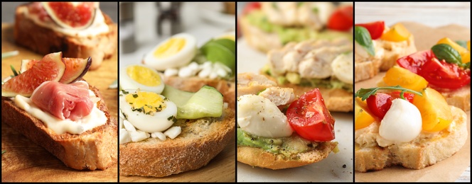 Image of Collage of different tasty bruschettas. Banner design 