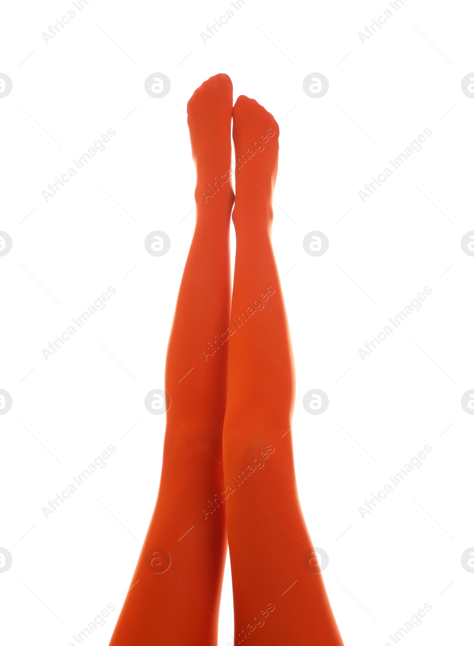 Photo of Woman wearing terracotta tights on white background, closeup of legs