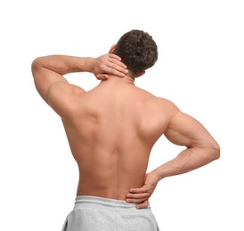 Photo of Man suffering from neck and back pain on white background, back view