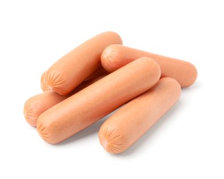 Photo of Many delicious boiled sausages on white background