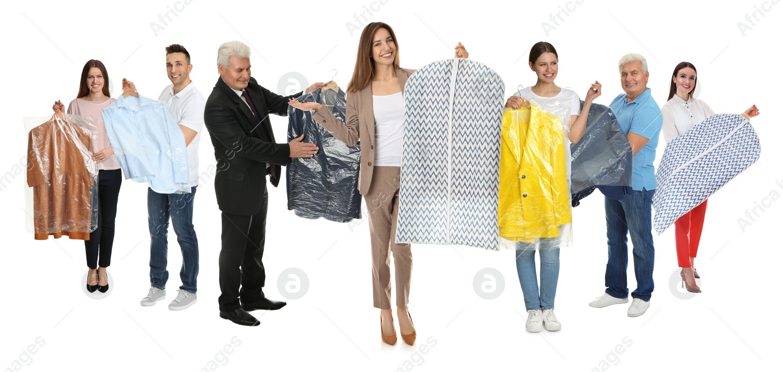 Image of Collage with photos of people holding clothes in plastic bags on white background. Dry-cleaning service