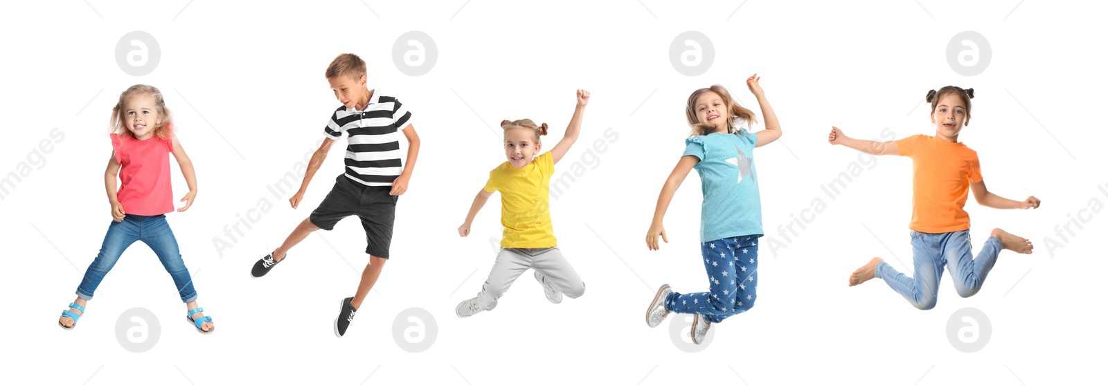 Image of Different kids jumping on white background, collage with photos