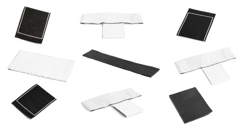 Image of Different blank clothing labels on white background, collage