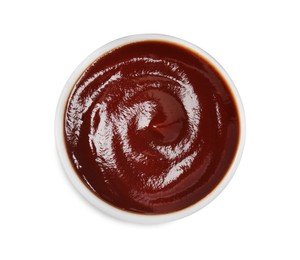 Tasty barbecue sauce in bowl isolated on white, top view