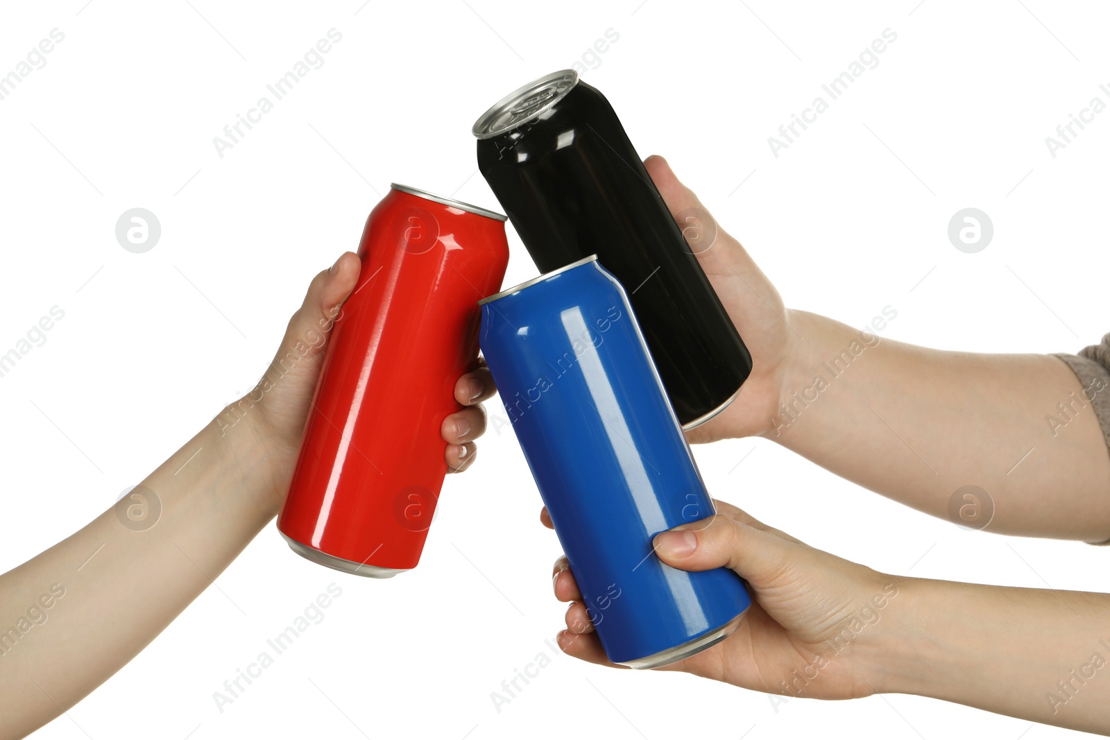 Photo of Friends clinking different cans on white background, closeup