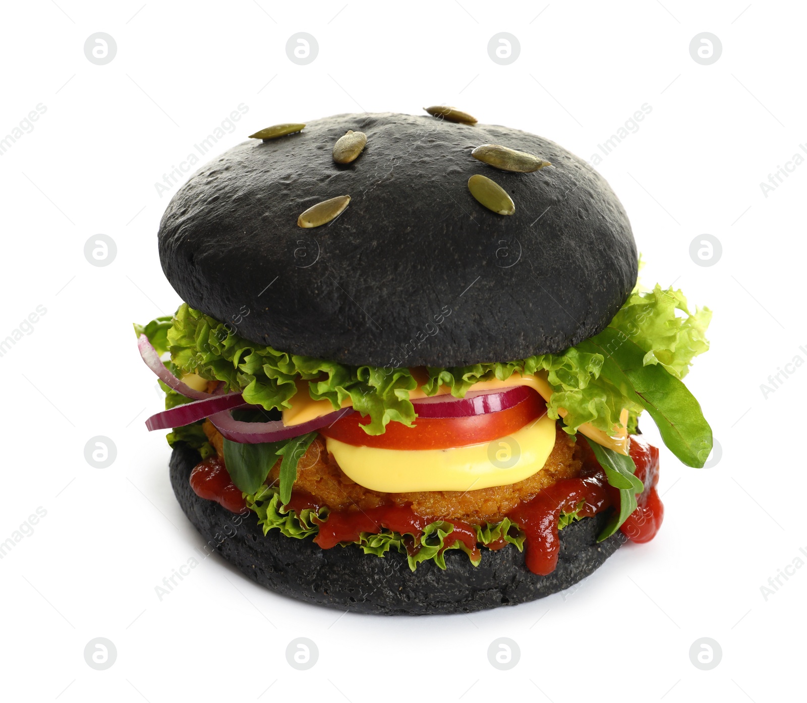 Photo of Tasty black vegetarian burger on white background