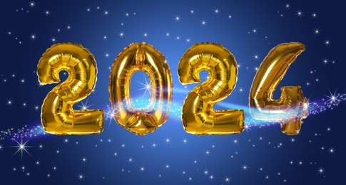 Image of New 2024 Year. Golden number shaped balloons and stars on blue background
