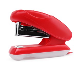 Photo of One new red stapler isolated on white