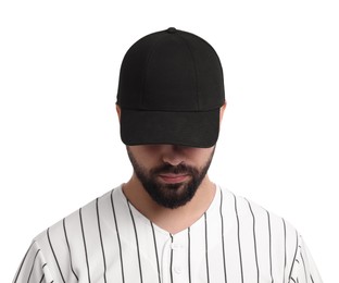 Man in stylish black baseball cap on white background