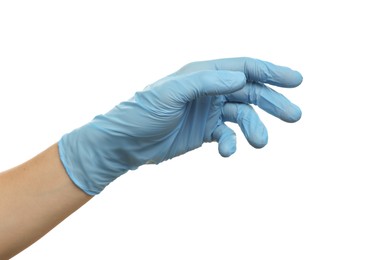 Photo of Doctor wearing light blue medical glove on white background, closeup