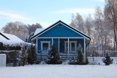 Photo of Winter landscape with beautiful house, trees and bushes in morning