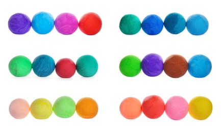 Image of Set with different colorful play dough on white background