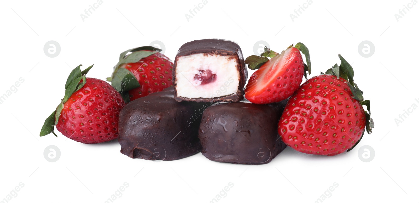 Photo of Delicious glazed curd snacks and fresh strawberries isolated on white