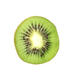 Photo of Half of fresh ripe kiwi isolated on white, top view