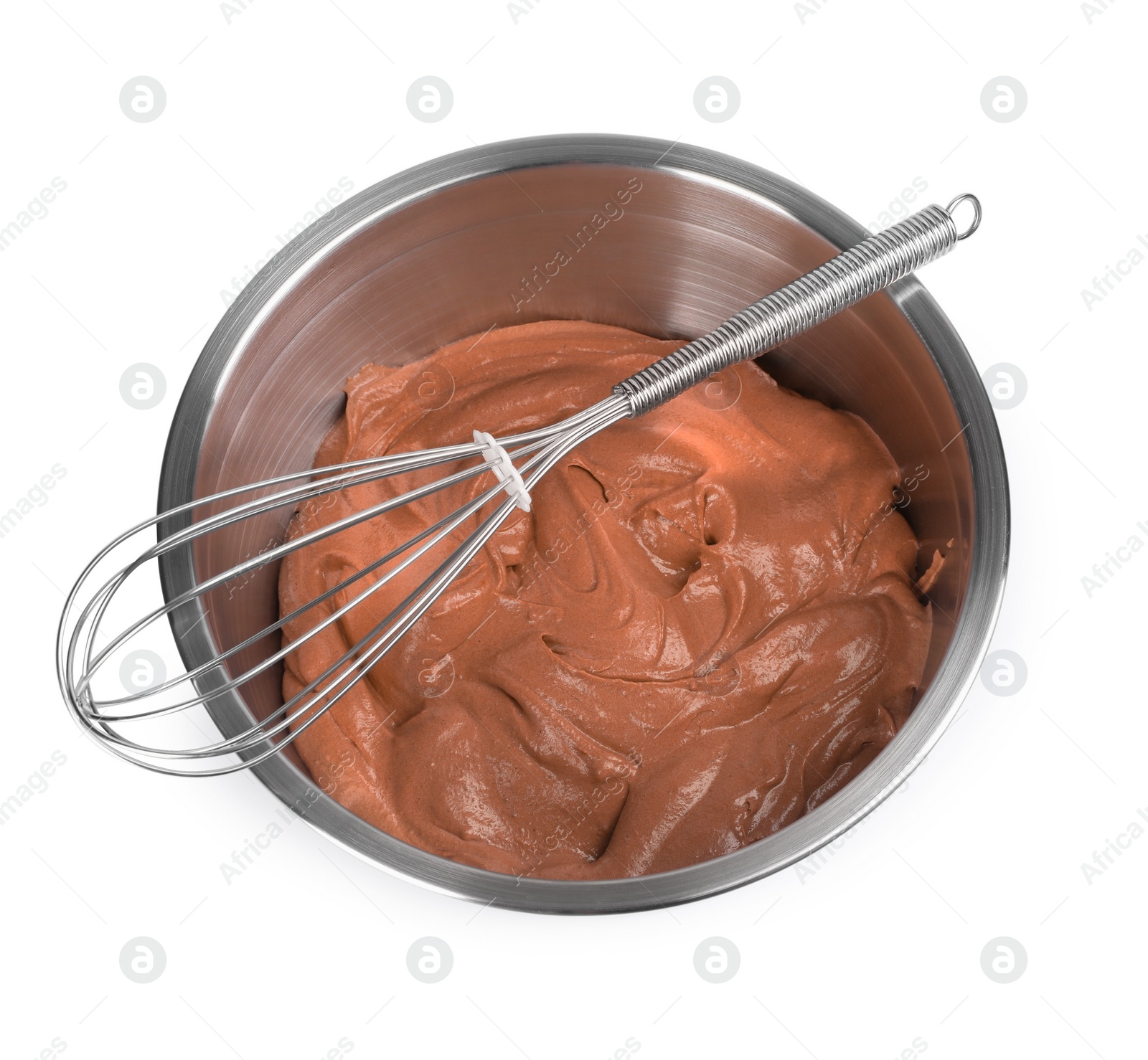 Photo of Whisk and bowl with chocolate cream on white background, above view