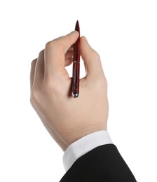 Photo of Businessman holding pen on white background, closeup of hand