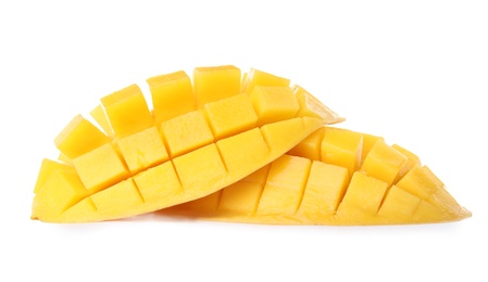 Fresh juicy mango halves on white background