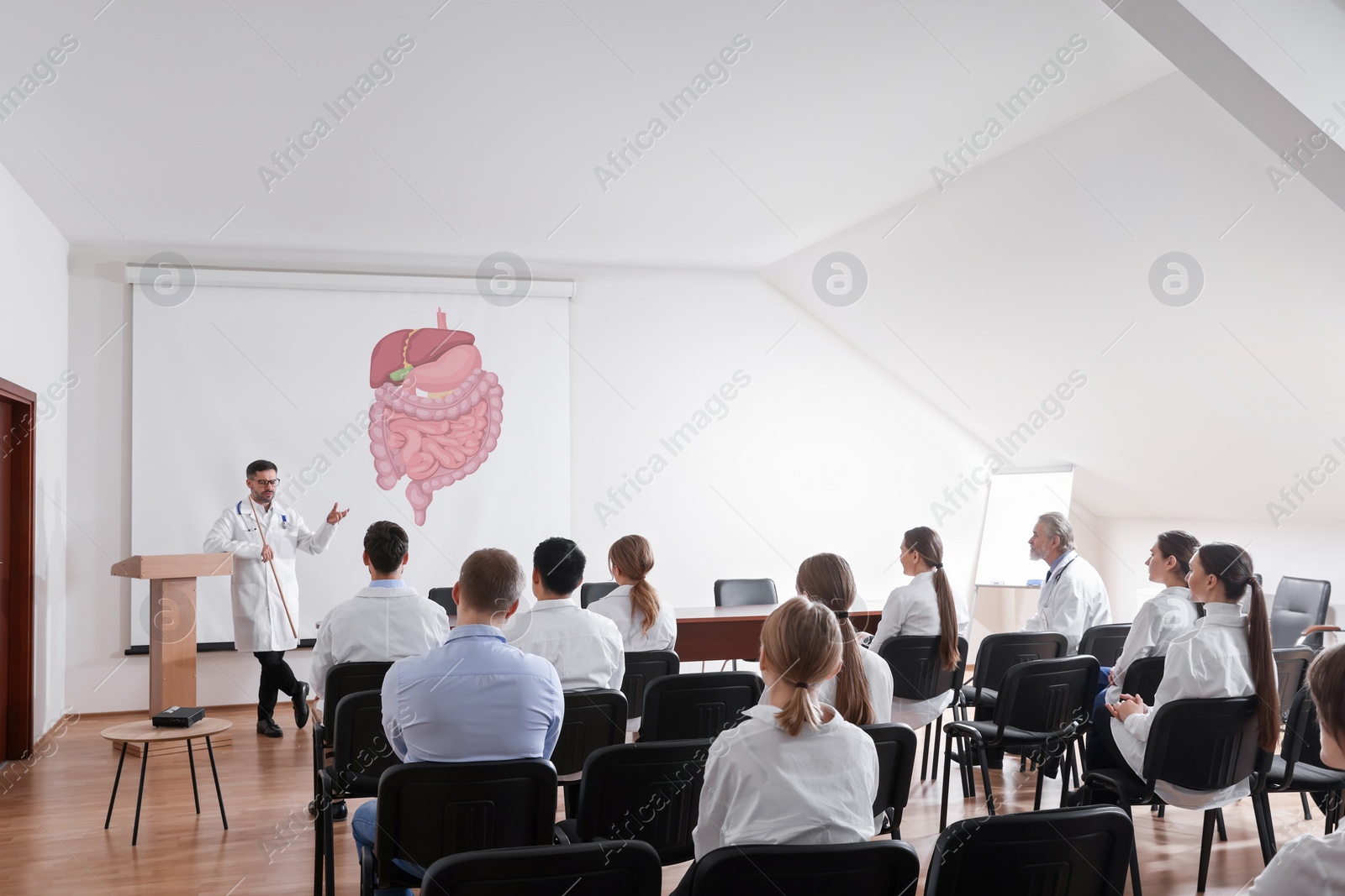 Image of Lecture in gastroenterology. Professors and doctors in conference room. Projection screen with illustration of digestive tract