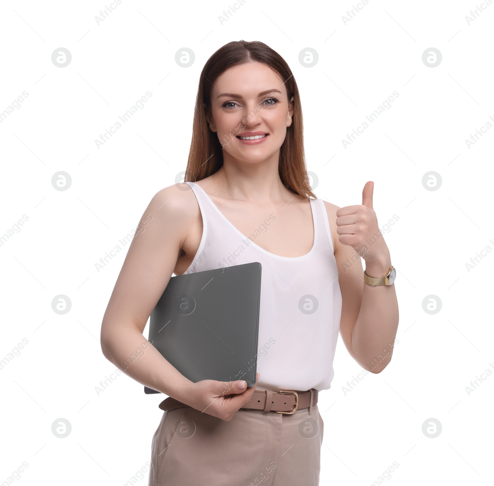 Photo of Beautiful businesswoman with laptop showing thumbs up on white background