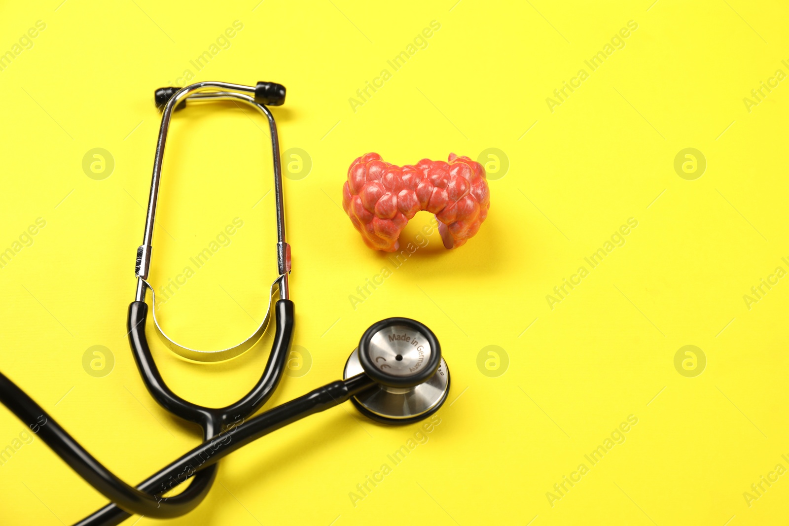 Photo of Endocrinology. Stethoscope and model of thyroid gland on yellow background, closeup. Space for text