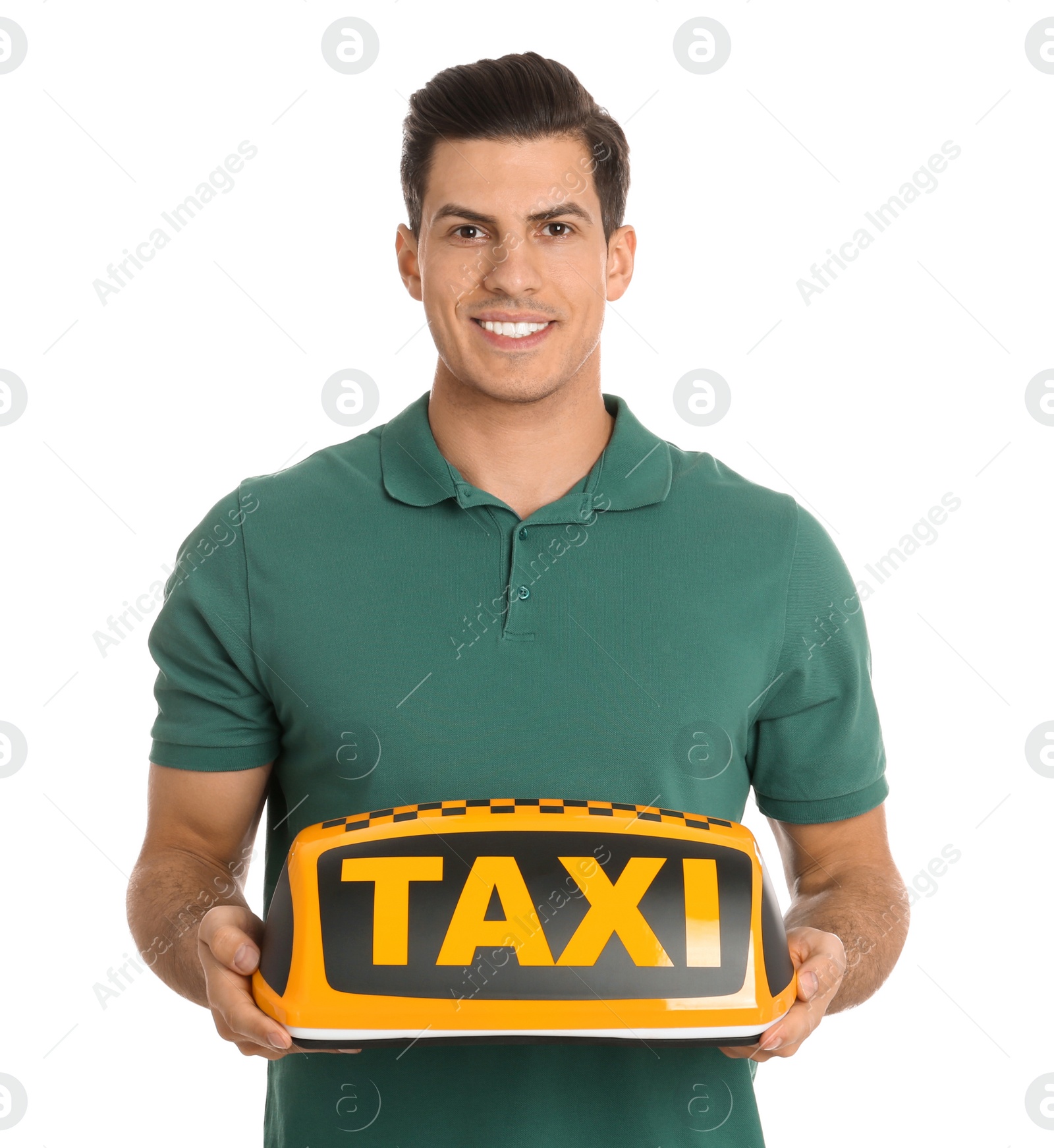 Photo of Man holding taxi sign on white background