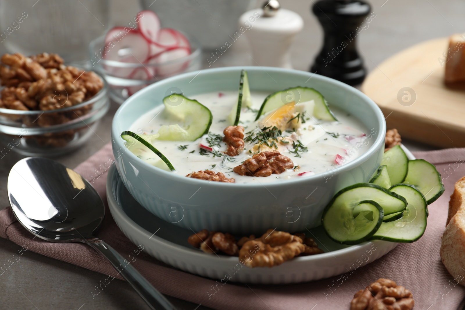 Photo of Delicious cold summer soup on table, closeup