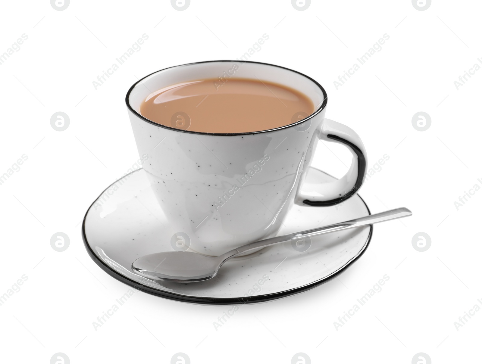 Photo of Delicious tea with milk on white background