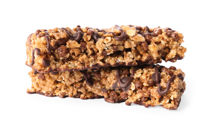 Image of Crunchy granola bars with chocolate on white background