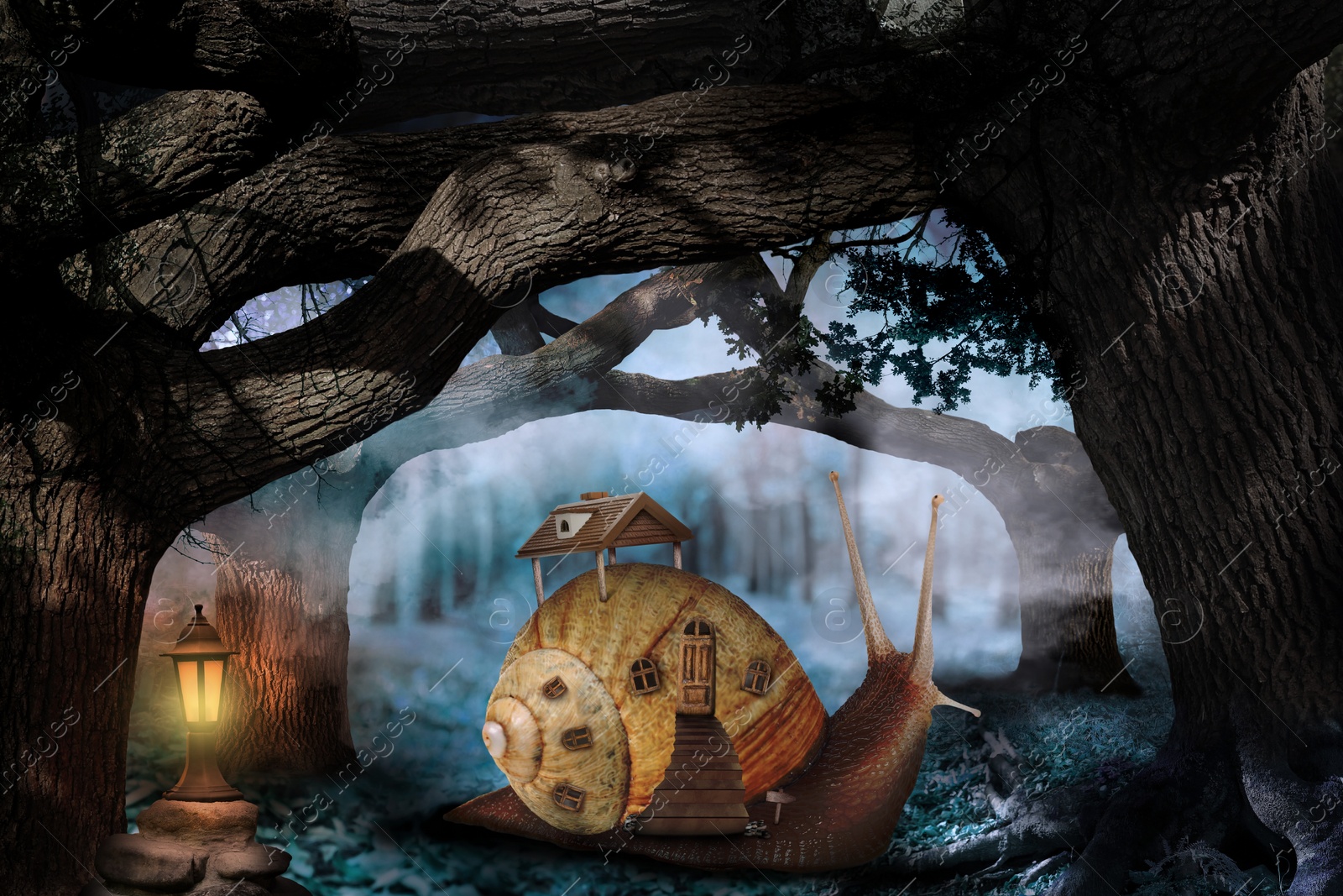 Image of Fantasy world. Magic snail with its shell house moving in dark foggy forest