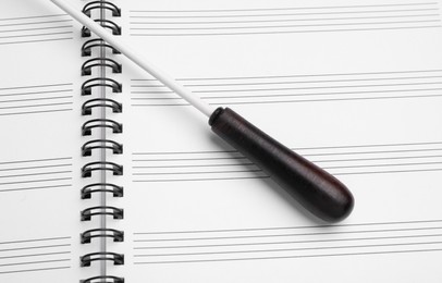 Photo of Conductor's baton on sheet music book , above view