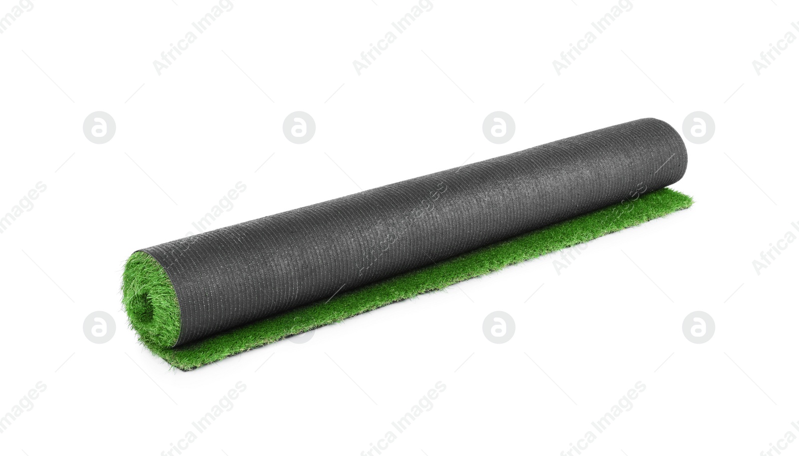 Photo of Rolled artificial grass carpet on white background. Exterior element