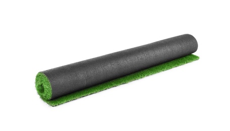 Rolled artificial grass carpet on white background. Exterior element