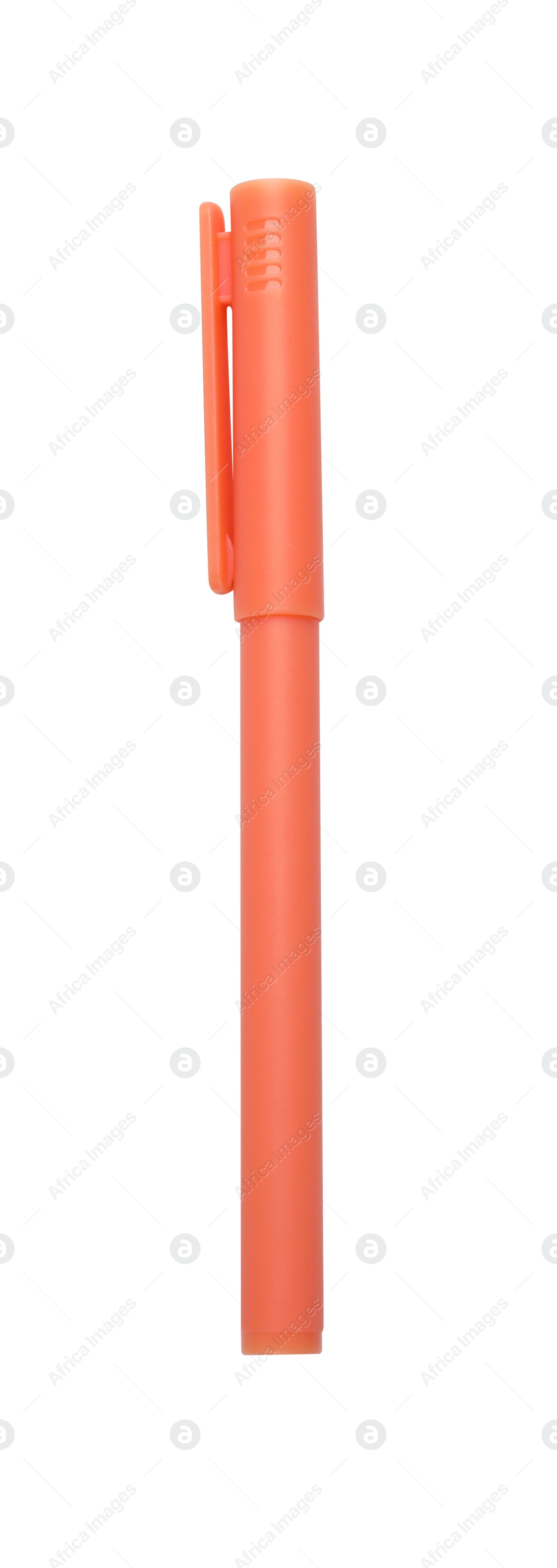 Photo of One orange marker on white background, top view