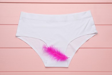 Photo of Woman's panties with feather on pink wooden background, top view. Menstrual cycle