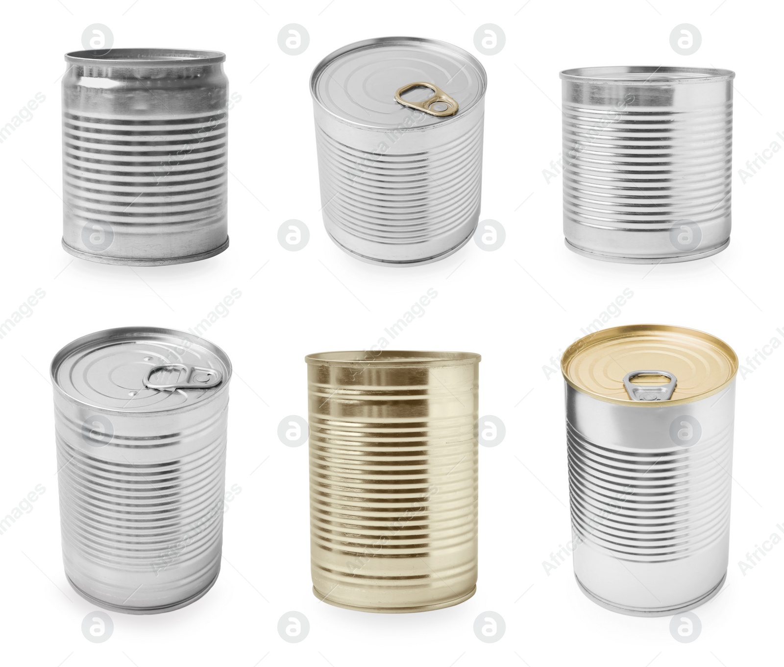 Image of Set of different metal cans on white background