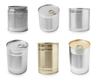 Image of Set of different metal cans on white background